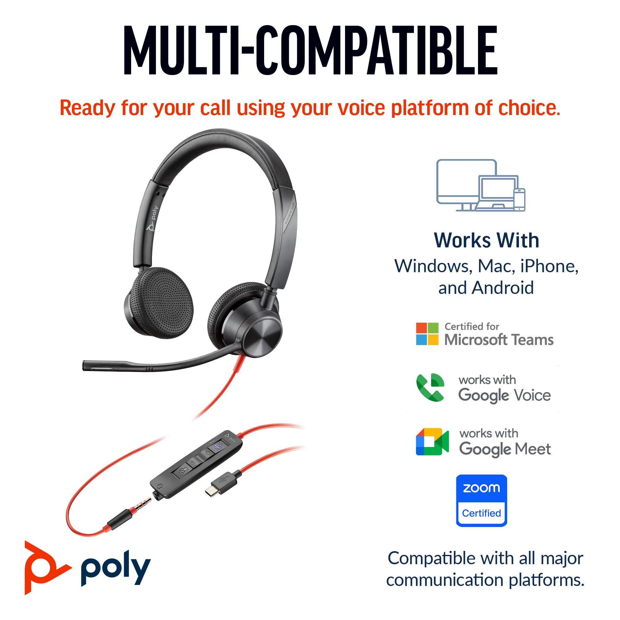 Poly Blackwire 3325 Stereo USB-C Headset +3.5mm Plug +USB-C/A Adapter Poly Blackwire 3325 Stereo USB-C Headset +3.5mm Plug +USB-C/A Adapter