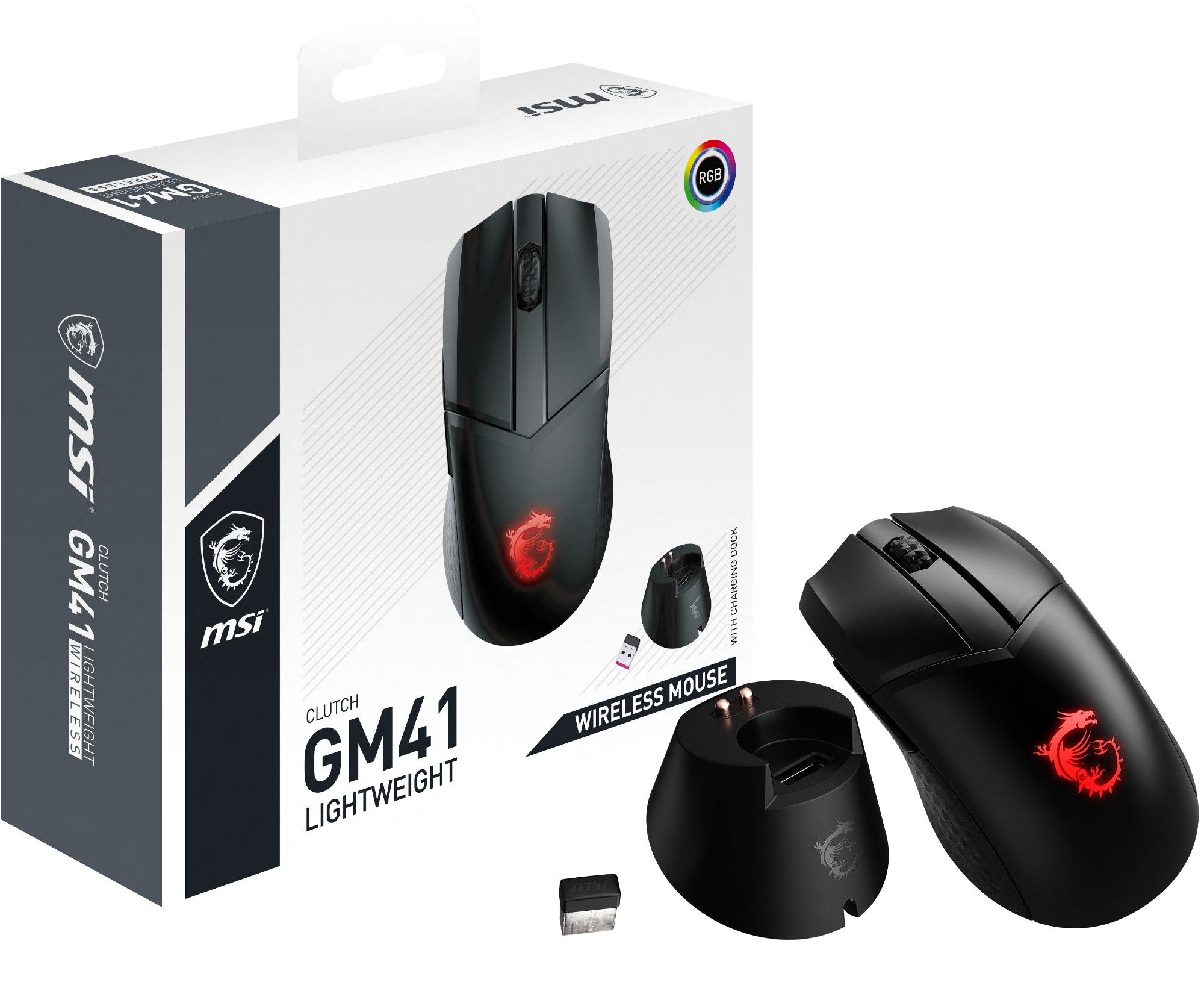 MSI CLUTCH GM41 LIGHTWEIGHT WIRELESS Gaming Mouse 'RGB, upto 20000 DPI, low latency, 74g weight, 80 hours battery life, 6 Programmable button, Symmetrical design, OMRON Switches, Dragon Center'
