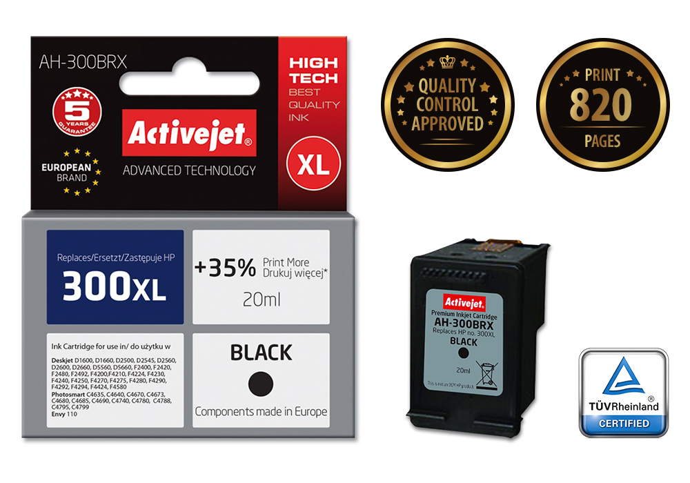 Activejet AH-300BRX ink (replacement for HP 300XL CC641EE; Premium; 20 ml; black)