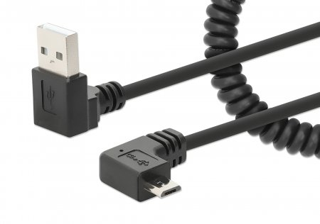 Manhattan USB-A to Micro-USB Charging Cable, 1m, Coiled Tangle-Resistant Design, Angled Connectors, Ideal for Charging Cabinets and Carts, No Data Transmission, Black, Lifetime Warranty