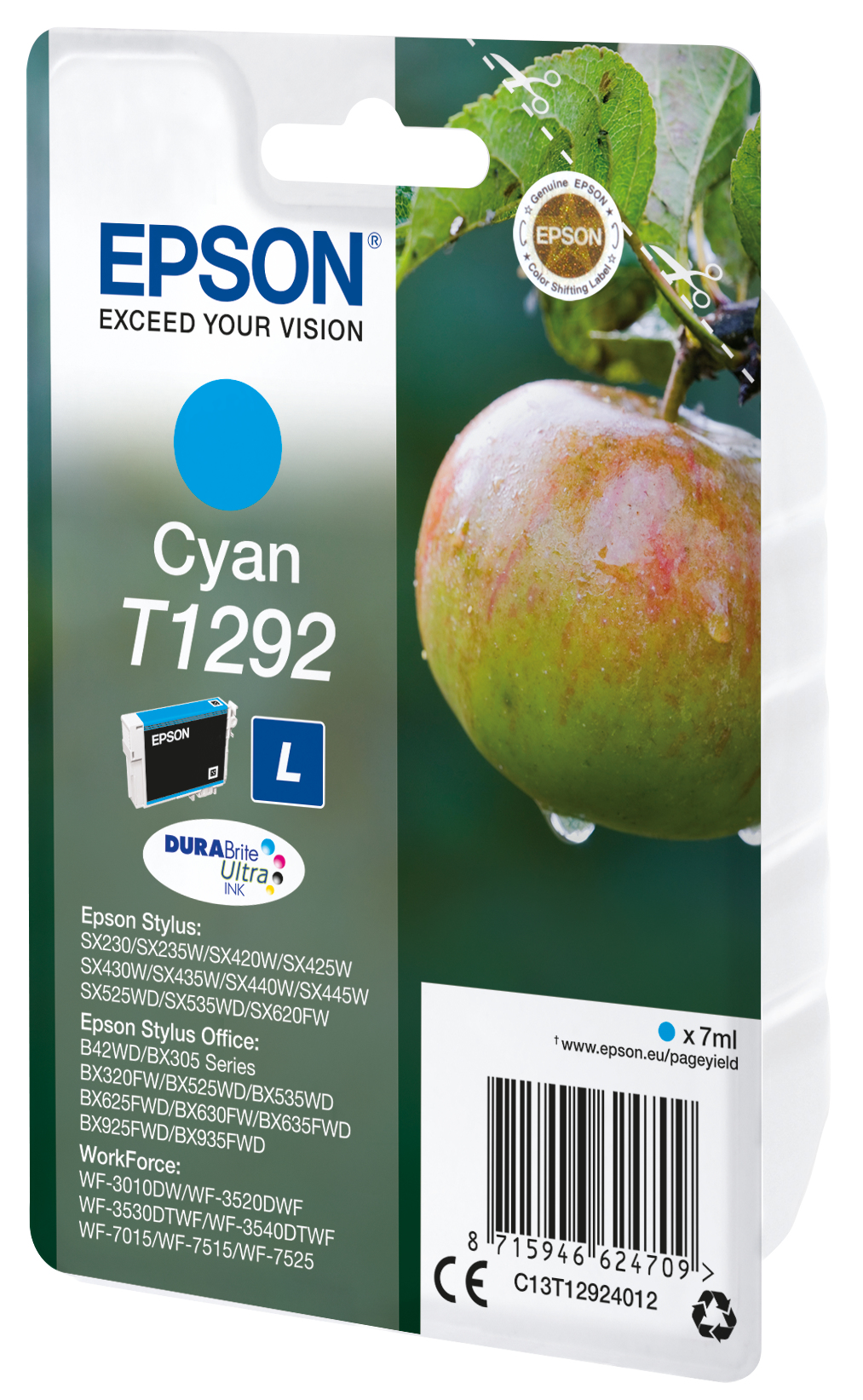 Epson C13T12924012/T1292 Ink cartridge cyan high-capacity, 460 pages ISO/IEC 19752 7ml for Epson Stylus BX 320/SX 235 W/SX 420/SX 525/WF 3500