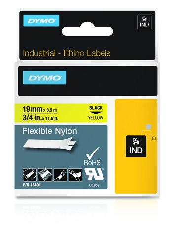 Dymo 18491/S0718090 Ribbon Nylon flexible black on yellow 19mm x 3,5m for Dymo Rhino 6-19mm/24mm