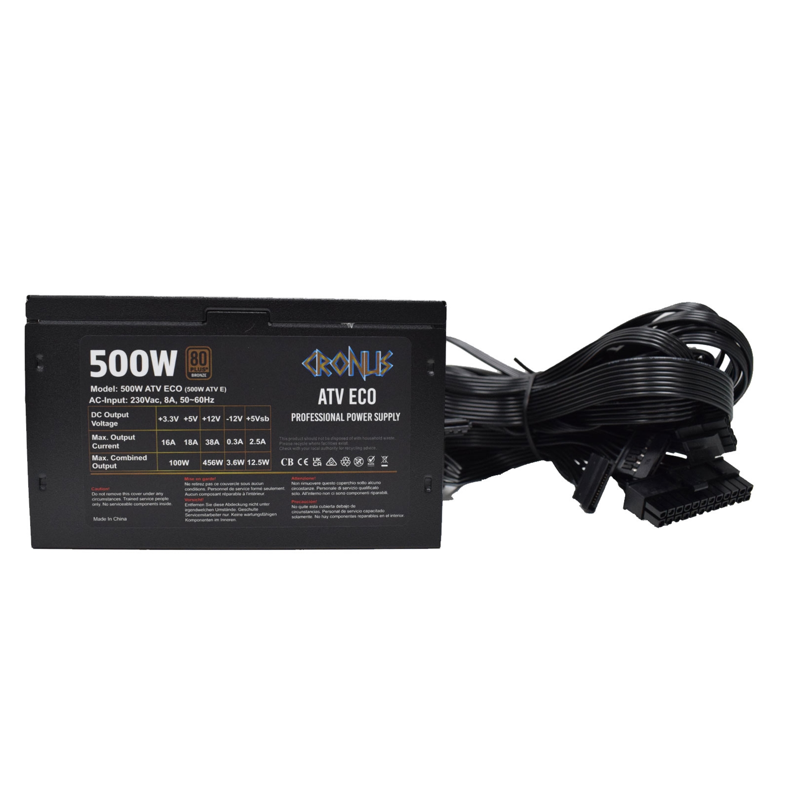 CRONUS 500W ATV ECO PSU. 120mm Silent Cooling Fan. 80 PLUS Bronze. Non