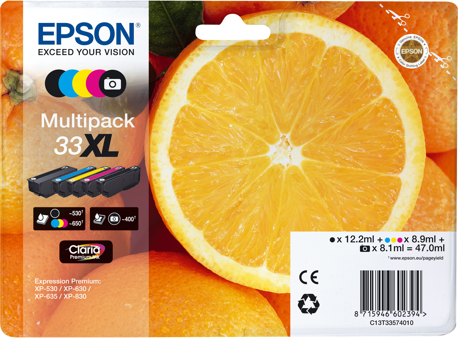 Epson C13T33574011/33XL Ink cartridge multi pack high-capacity Bk,C,M,Y,PBK EasyMail 12,2ml+3x8,9ml+8,1ml Pack=5 for Epson XP 530