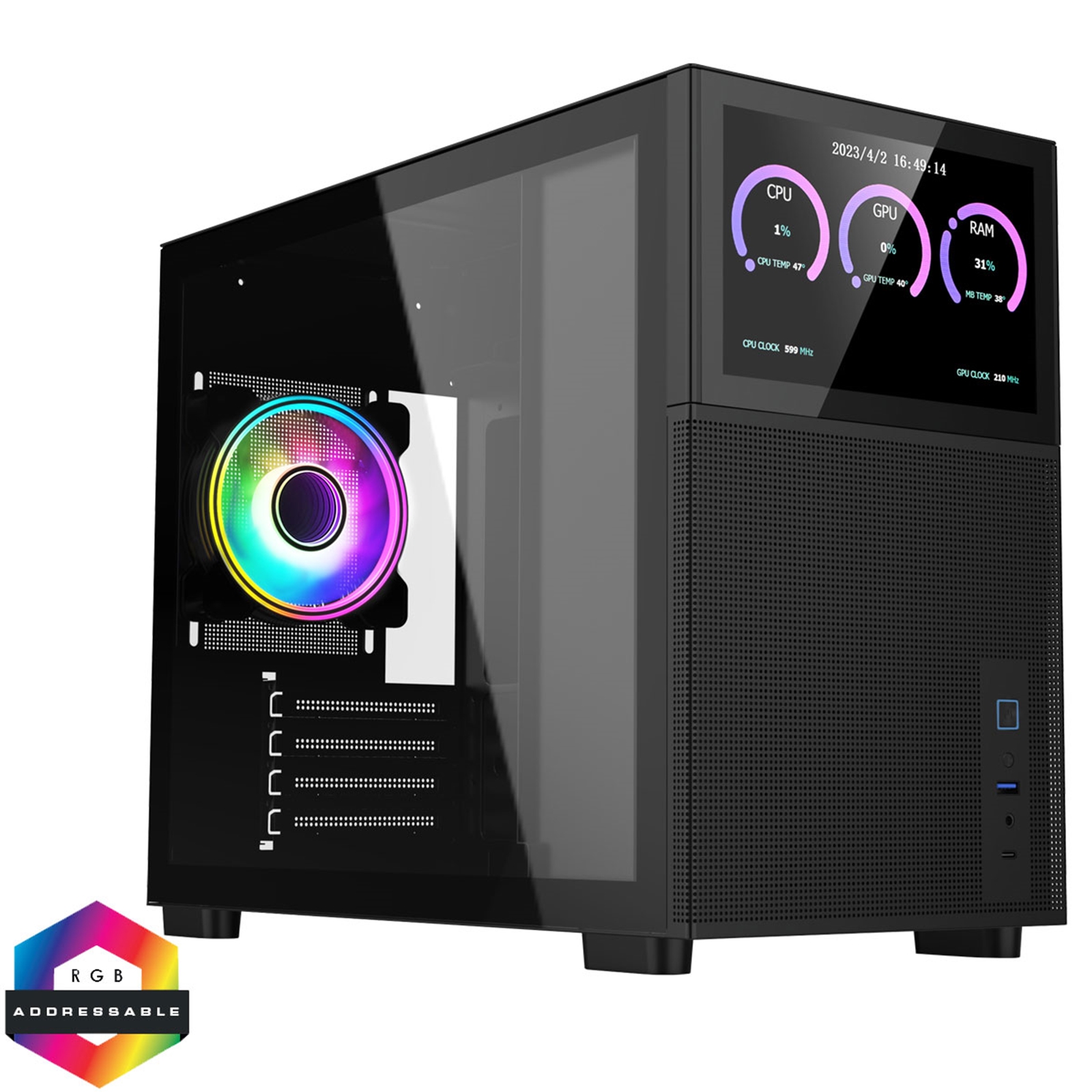 Image of CIT Pro Jupiter Black Micro-ATX PC Gaming Case with 8 Inch LCD...