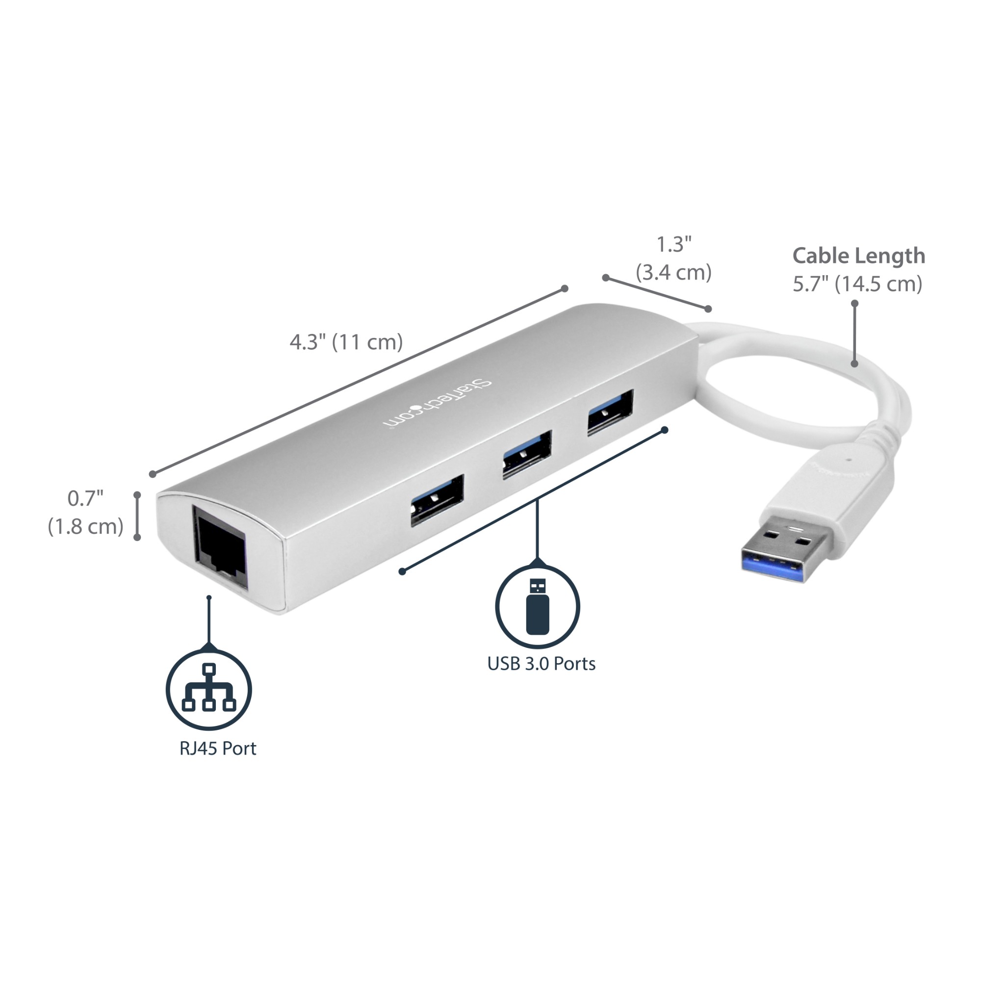 StarTech.com 3-Port Portable USB 3.0 Hub plus Gigabit Ethernet - Built-In Cable