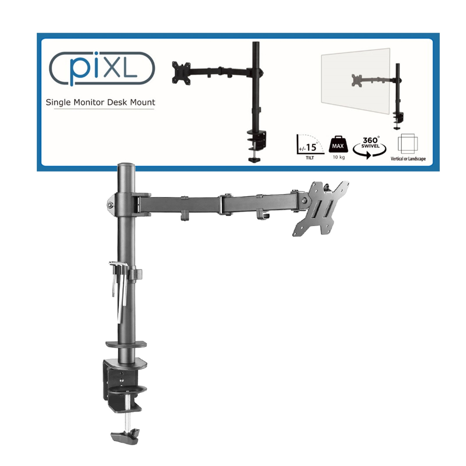 SINGLE ARM PIXL Single Monitor Arm, For Screens Upto 27 inch, Desk Mounted, VESA dimensions of 75x75mm or 100x100mm, 180 Degrees Swivel, 15 Degrees Tilt, Weight Upto 10kg, Built in Cable Management, Black