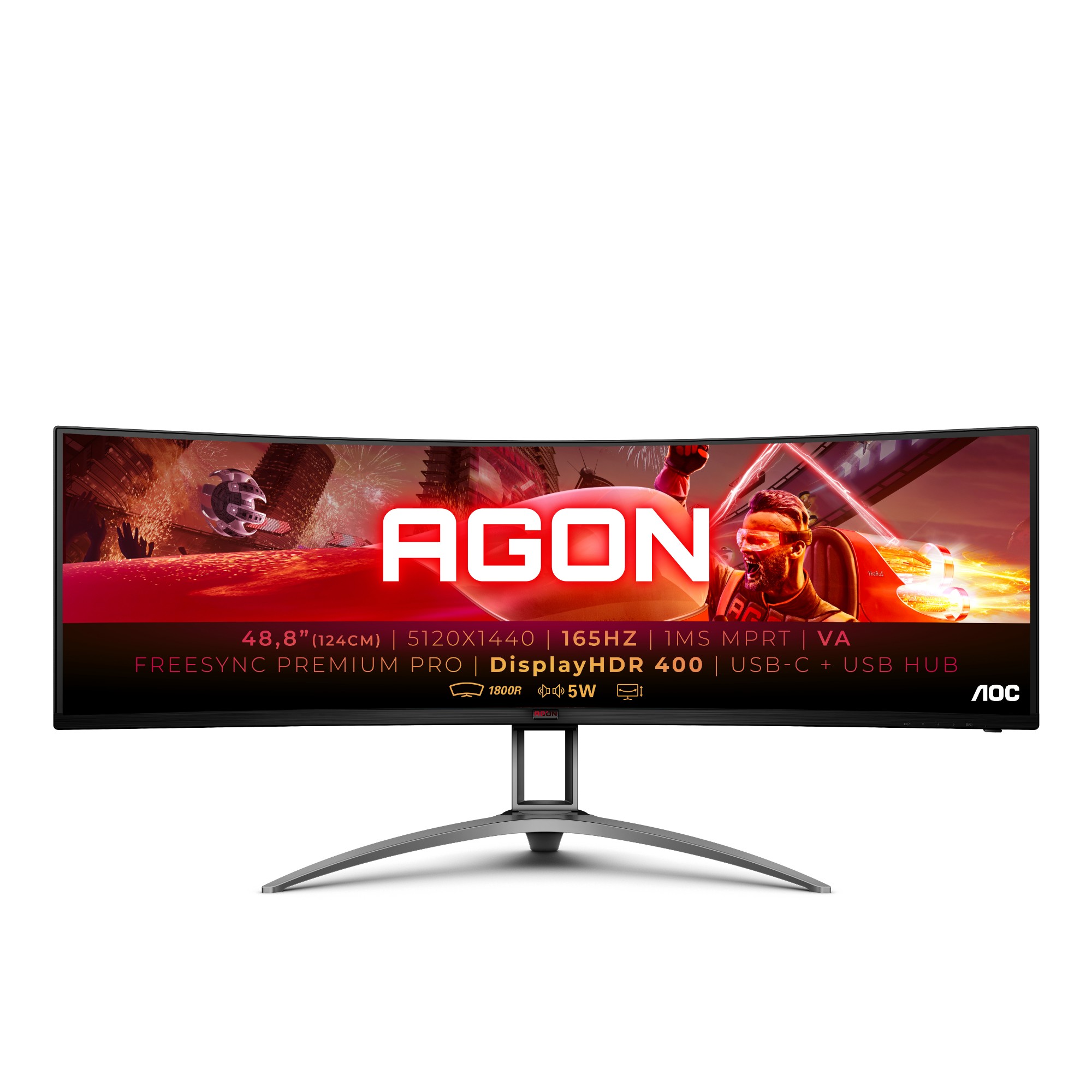 Screen size (inch) 48.8, Panel resolution 5120x1440, Refresh rate 165 Hz, Response time MPRT 1 ms, Panel type VA, USB-C connectivity USB-C 3.2 x 1 (DP alt mode, upstream, power delivery up to 65 W), HDMI HDMI 2.0 x 3, Display Port DisplayPort 1.4 x 1, Syn