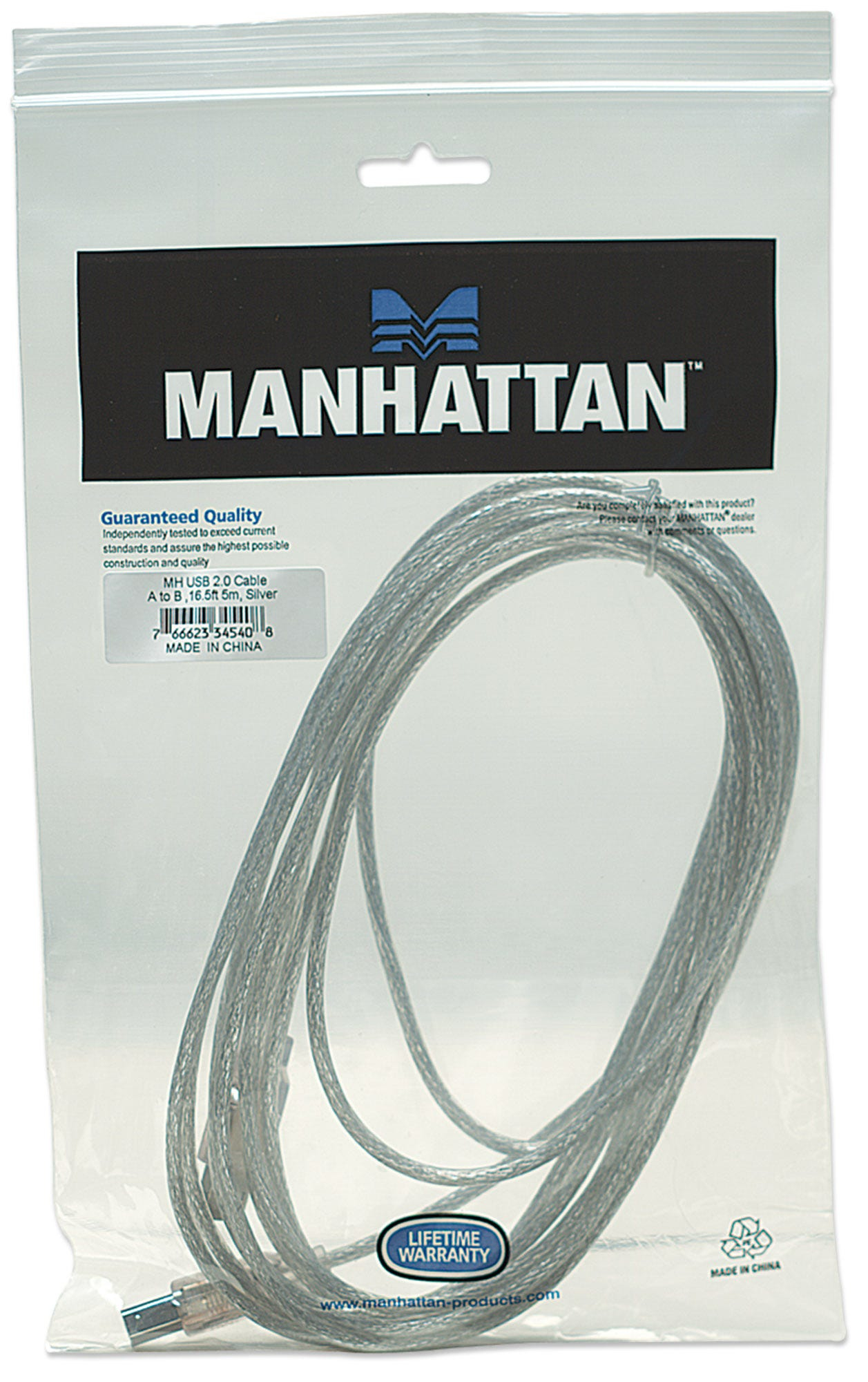 Manhattan USB-A to USB-B Cable, 5m, Male to Male, 480 Mbps (USB 2.0), Translucent Silver, Polybag