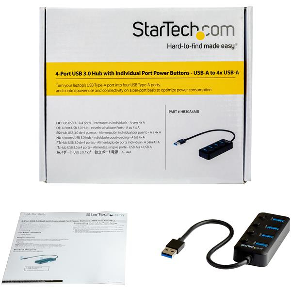 StarTech.com 4 Port USB 3.0 Hub - USB-A to 4x USB 3.0 Type-A with Individual On/Off Port Switches - SuperSpeed 5Gbps USB 3.1/3.2 Gen 1 - USB Bus Powered - Portable - 9.8" Attached Cable