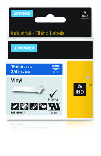 Image of Dymo 1805417 Ribbon Vinyl white on blue 19mmx5,5m for Dymo Rhino...