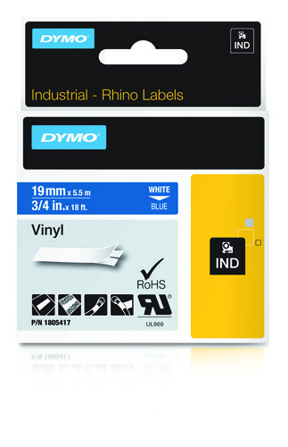 Dymo 1805417 Ribbon Vinyl white on blue 19mmx5,5m for Dymo Rhino 6-19mm/24mm