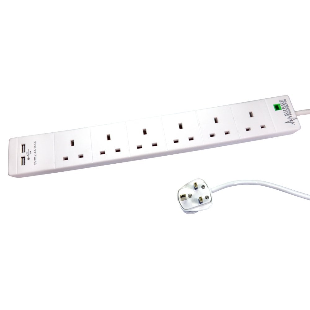 EXTENSION LEAD 6G SURGE 2 USB WHT 3M thumbnail
