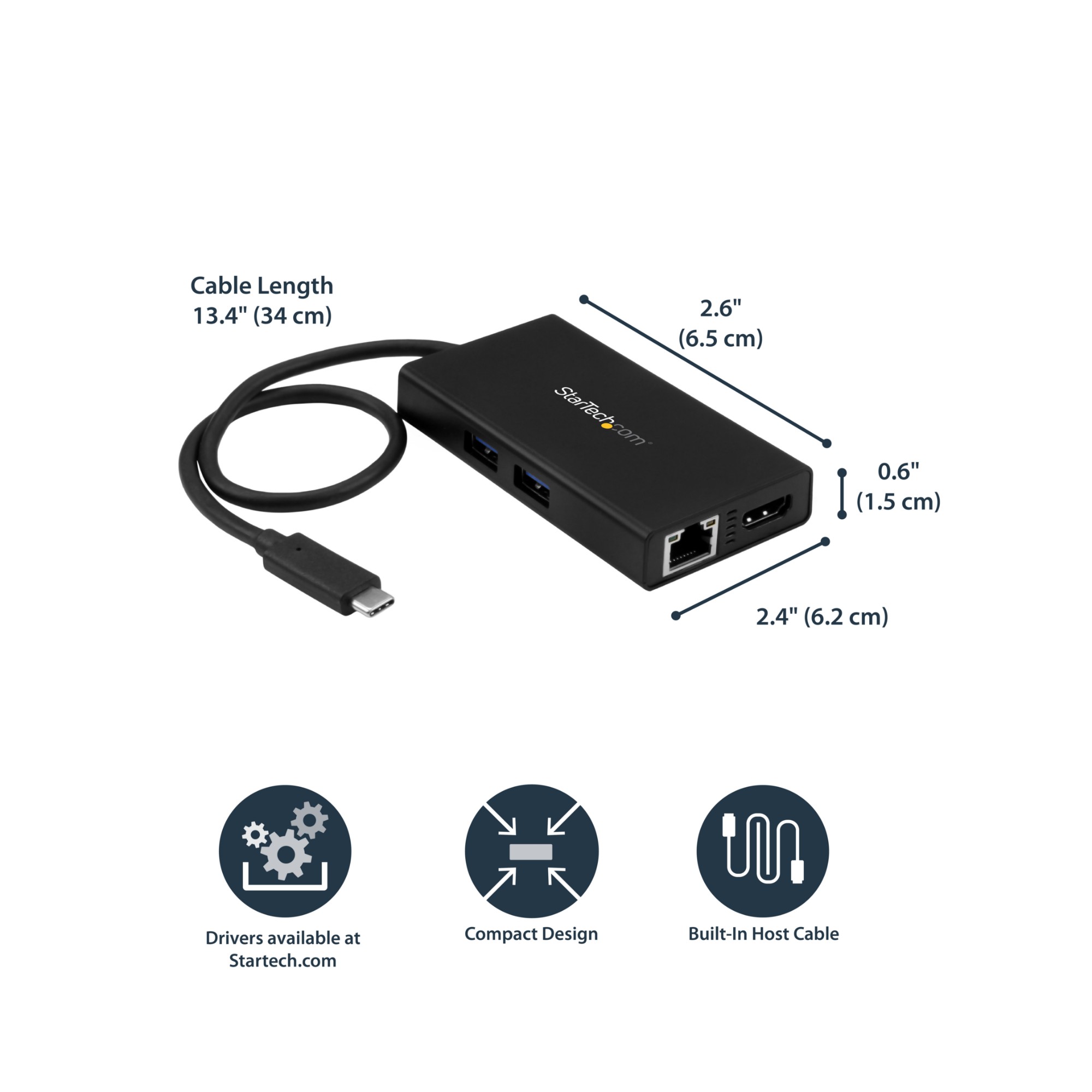 StarTech.com USB-C Multiport Adapter - USB-C Travel Docking Station with 4K HDMI - 60W Power Delivery Pass-Through, GbE, 2pt USB-A 3.0 Hub - Portable Mini USB Type-C Dock for Laptop