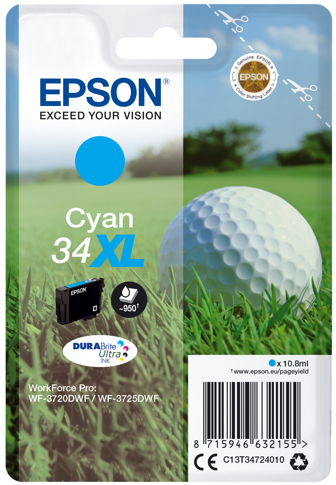 Image of Epson C13T34724010/34XL Ink cartridge cyan high-capacity, 950...