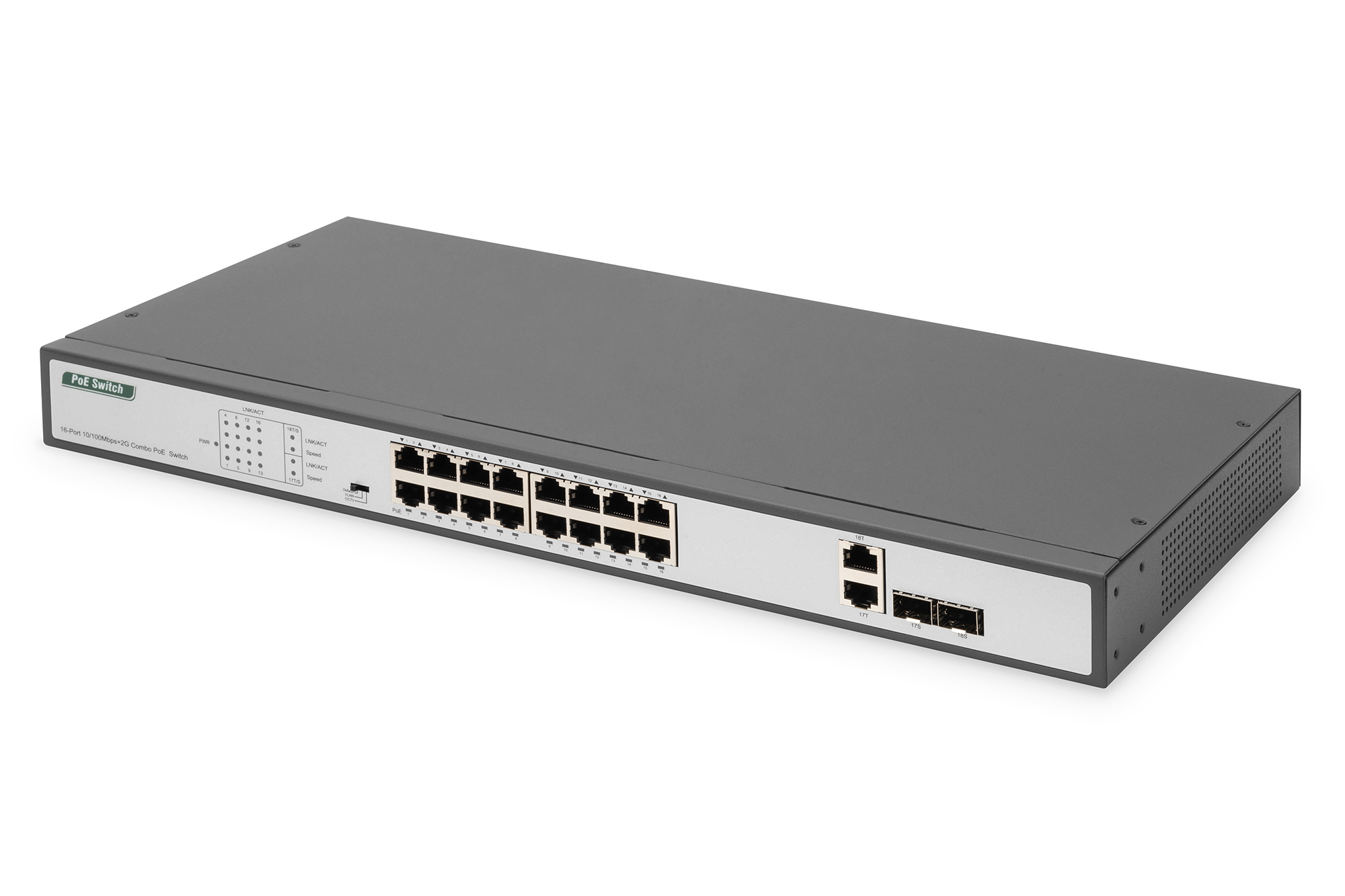 Image of Digitus 16-Port Fast Ethernet PoE Networkswitch, 19 Zoll,...