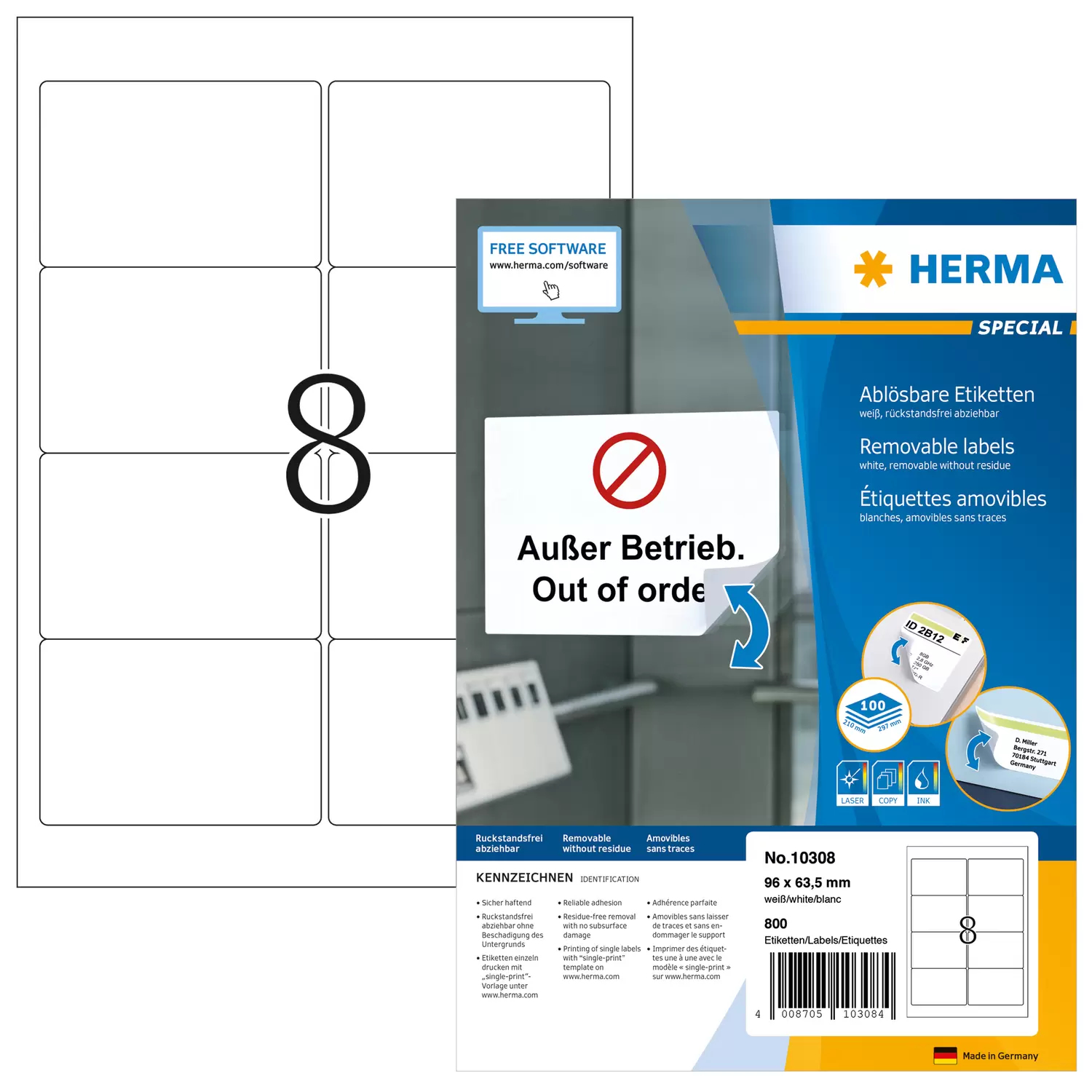 Image of HERMA Removable labels A4 96x63.5 mm white Movables/removable...