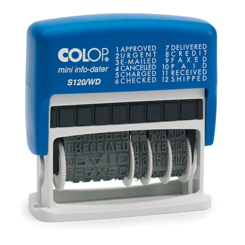 Colop S120/WD Self-inking Dial-A-Phrase Word and Date Stamp (12 Stock Words/Phrases and 4mm Adjustable Date) Blue/Red Ink - 104960