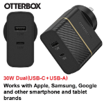 OTTERBOX 30W Dual Port Premium PD Fast Wall Charger - Black (78-80029),1x USB-A (12W), 1x USB-C (18W),Compact, Travel-Ready, 2 Years Warranty
