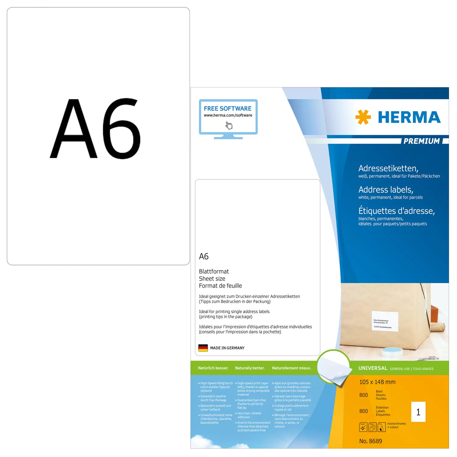 Image of HERMA Address labels Premium sheetsize A6 105x148 mm white paper...