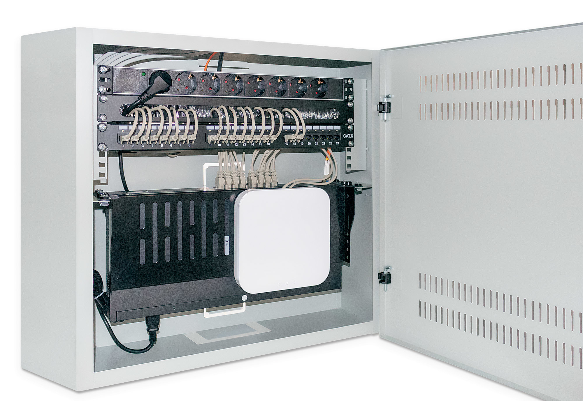 Intellinet Low-Profile 19" Wall Mount Cabinet with 4U Horizontal and 2U Vertical Rails Slim, Space-saving Enclosure with Only 170 mm (6.7 in.) Depth, Ideal for AV, Multimedia and Surveillance Applications, Assembled, Gray RAL 7035