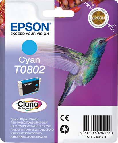 Image of Epson C13T08024011/T0802 Ink cartridge cyan, 435 pages ISO/IEC...