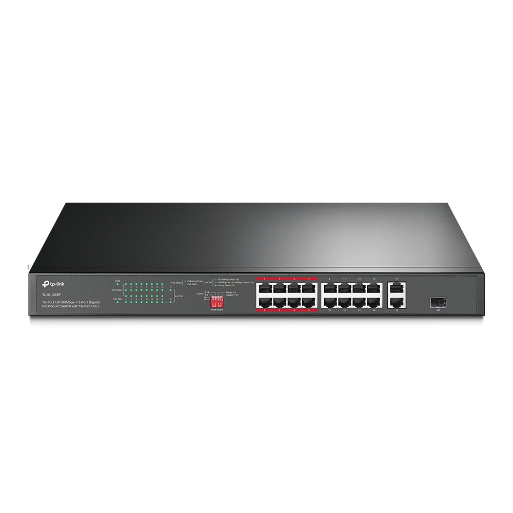Image of TP-Link 16-Port 10/100 Mbps + 2-Port Gigabit Rackmount PoE Switch...