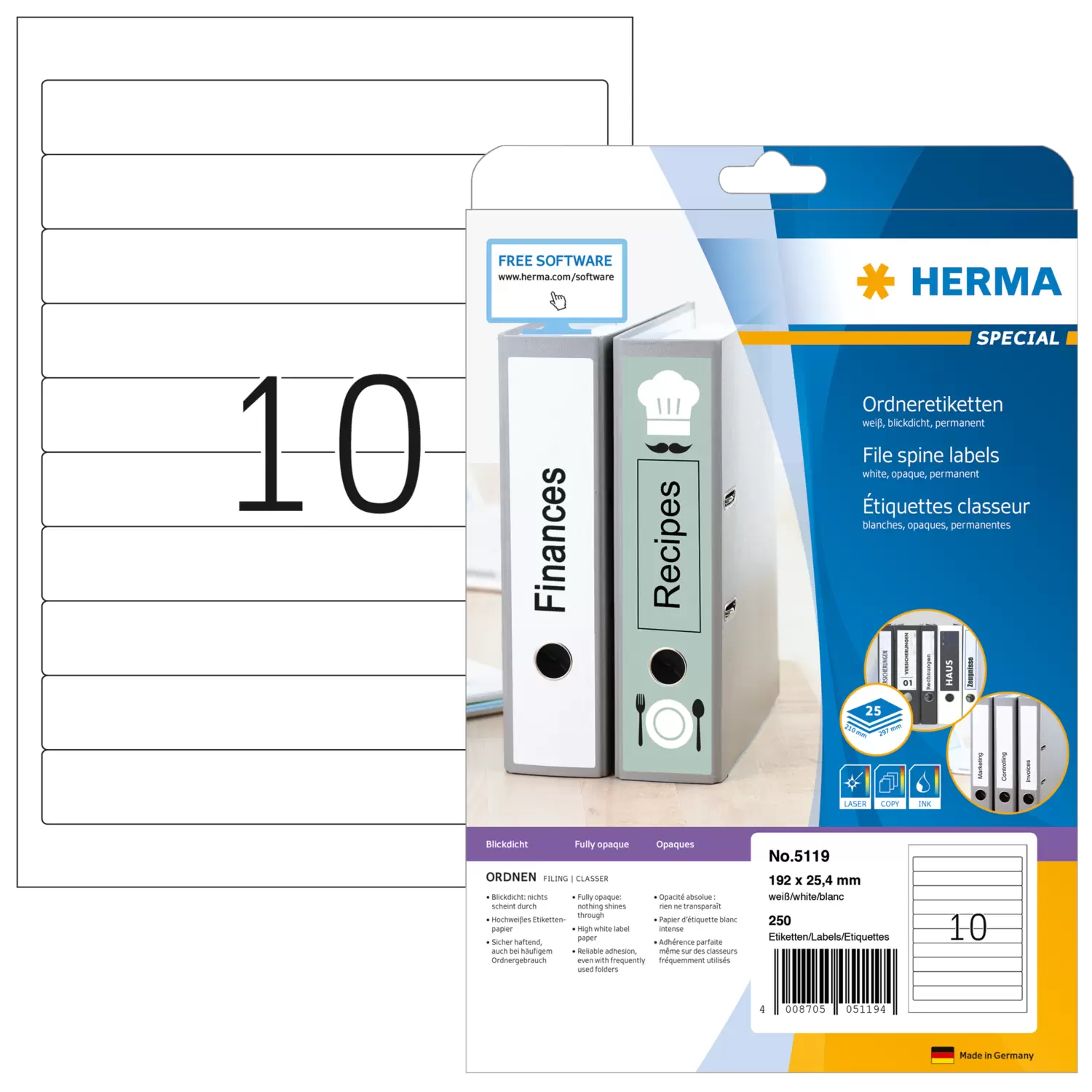 Image of HERMA File labels A4 192x25,4 mm white paper matt opaque 250 pcs.