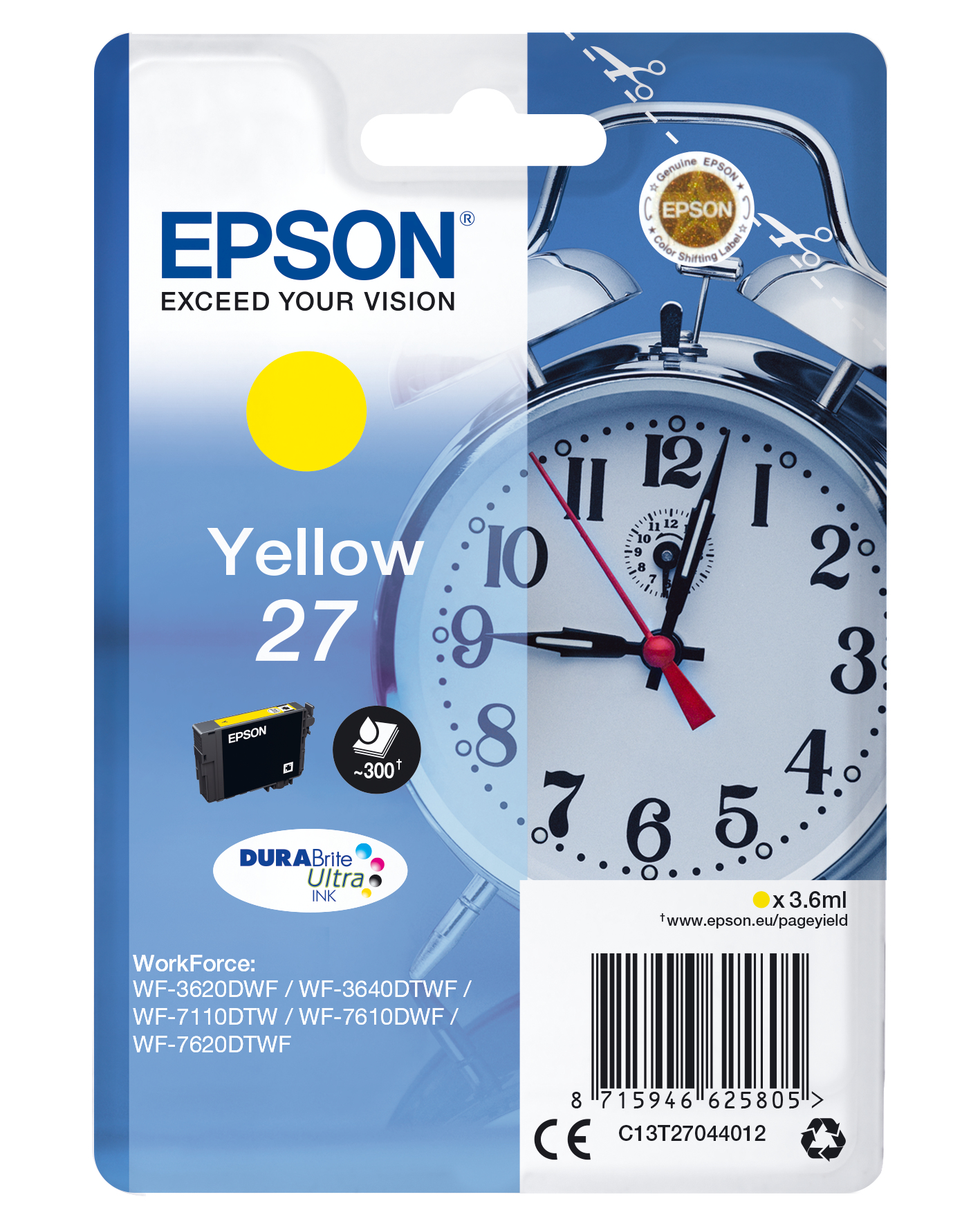 Image of Epson C13T27044012/27 Ink cartridge yellow, 300 pages 3,6ml for...