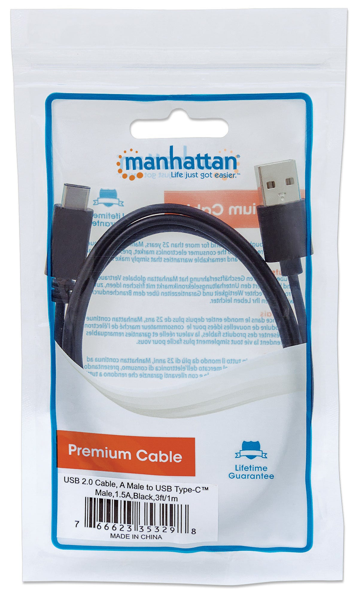 Manhattan USB-C to USB-A Cable, 1m, Male to Male, 480 Mbps (USB 2.0), Black, Polybag