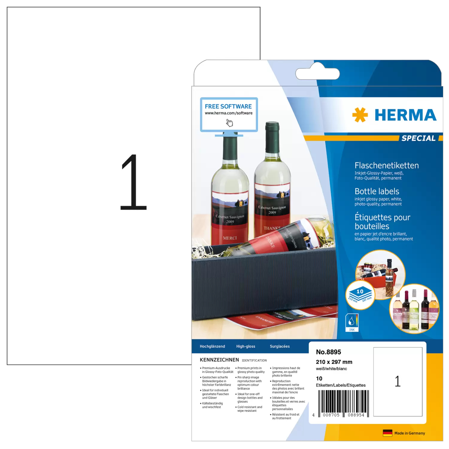 Image of HERMA Inkjet glossy labels A4 210x297 mm white paper glossy 10 pcs.