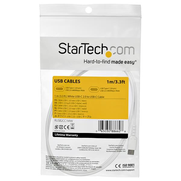 StarTech.com 1m USB C Charging Cable - Durable Fast Charge & Sync USB 3.1 Type C to USB C Laptop Charger Cord - TPE Jacket Aramid Fiber M/M 60W White - Samsung S10 S20 iPad Pro MS Surface