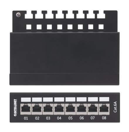 Intellinet Patch Panel, Cat6a, FTP, 8-Port, Desktop, Shielded, 90 Top-Entry Punch Down Blocks, Black