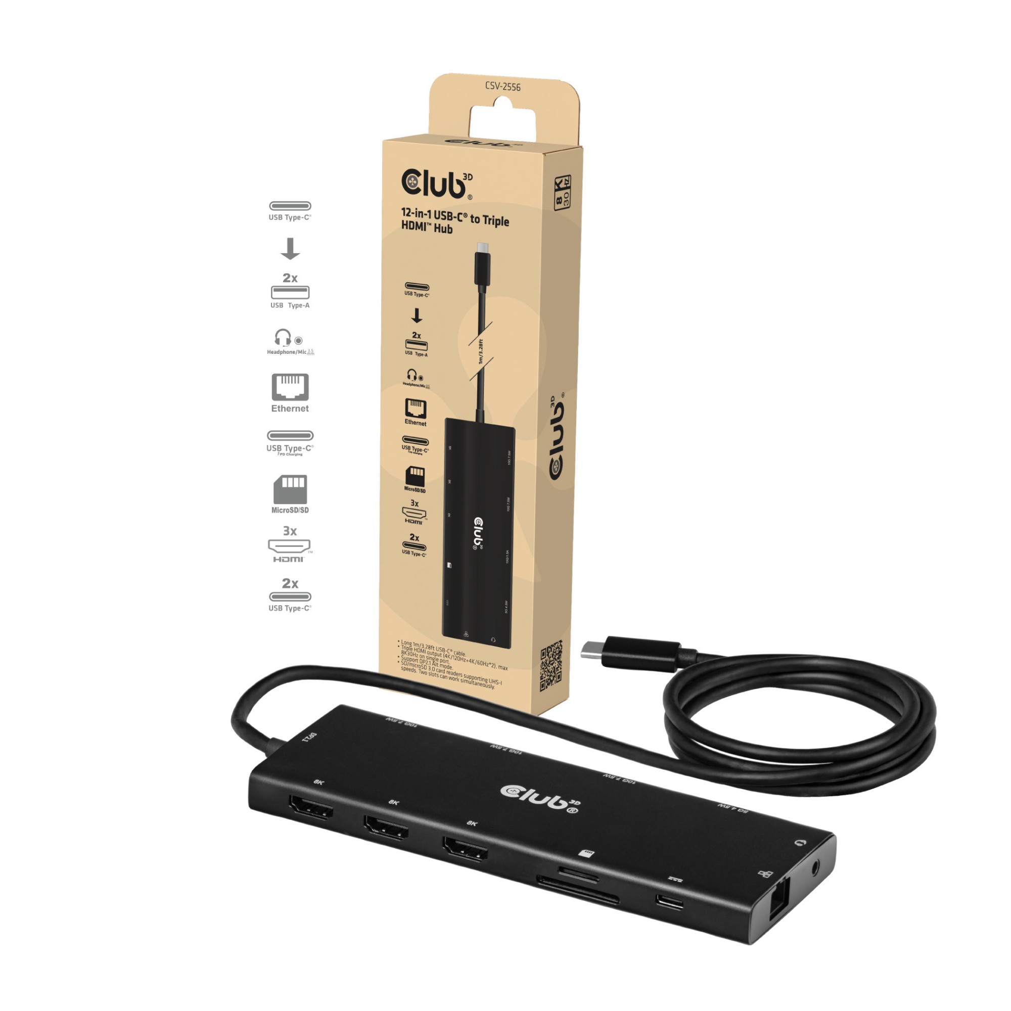 Image of CLUB3D 12-in-1 USB-C® to Triple HDMI™ Hub DP2.1 PD3.0 100W 1m/3.28ft