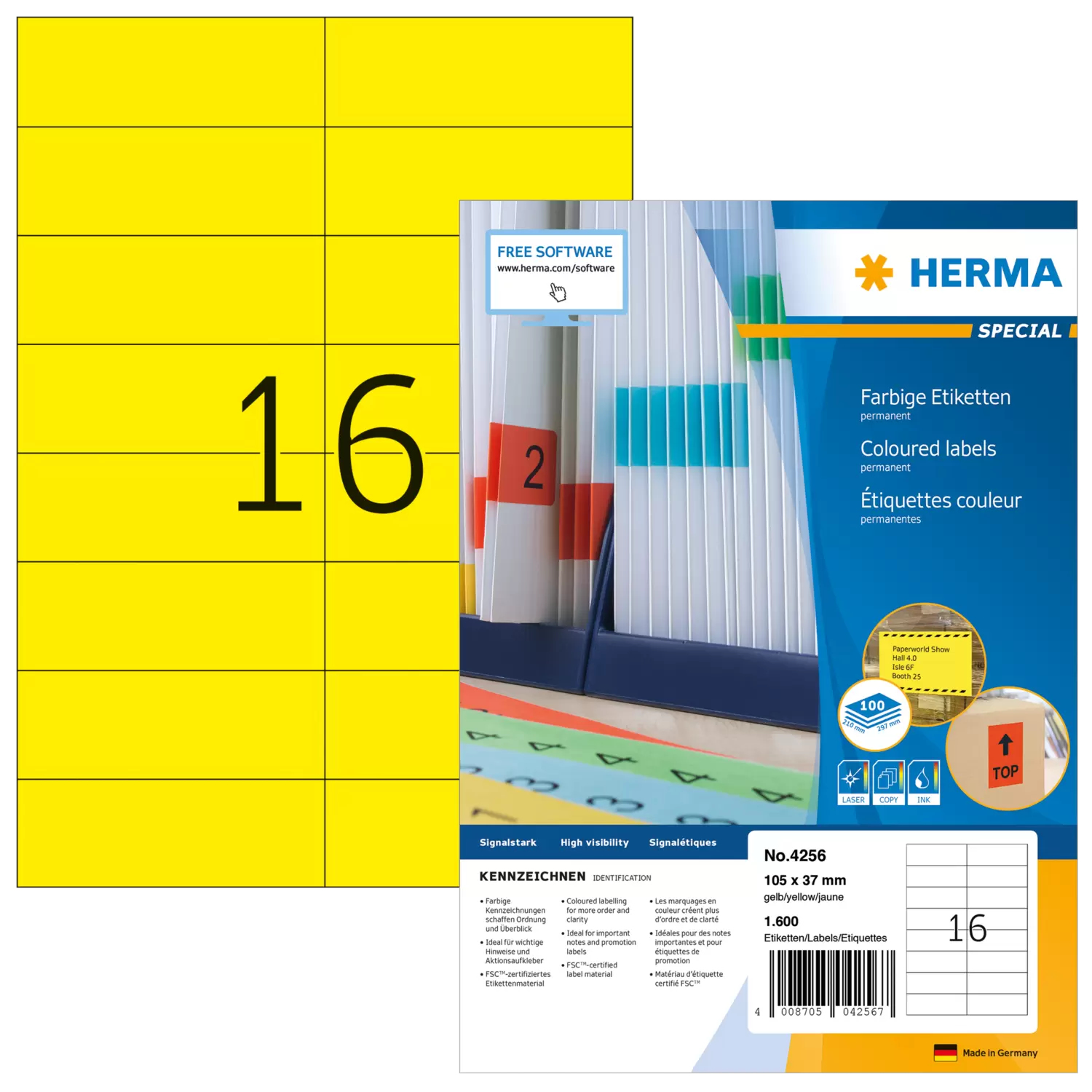 Image of HERMA Coloured Labels A4 105x37 mm yellow paper matt 1600 pcs.