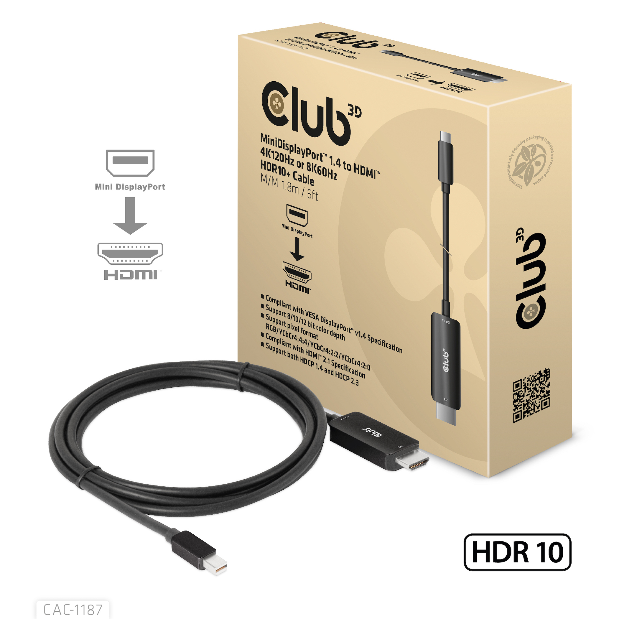 Image of CLUB3D MiniDisplayPort 1.4 to HDMI 4K120Hz or 8K60Hz HDR10+ Cable...