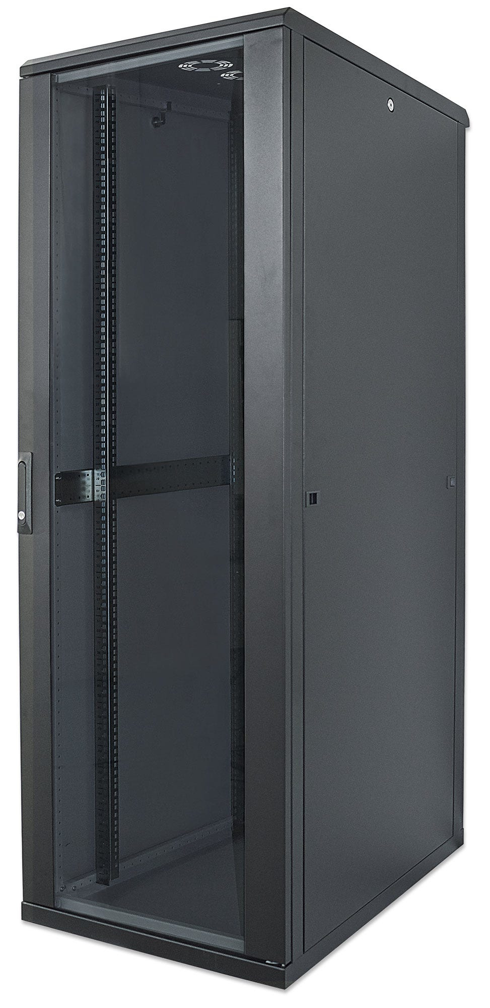 Intellinet Network Cabinet, Free Standing (Standard), 42U, Usable Depth 123 to 573mm/Width 703mm, Black, Flatpack, Max 1500kg, Server Rack, IP20 rated, 19", Steel, Multi-Point Door Lock, One Lock Per Side Panel, Three Year Warranty