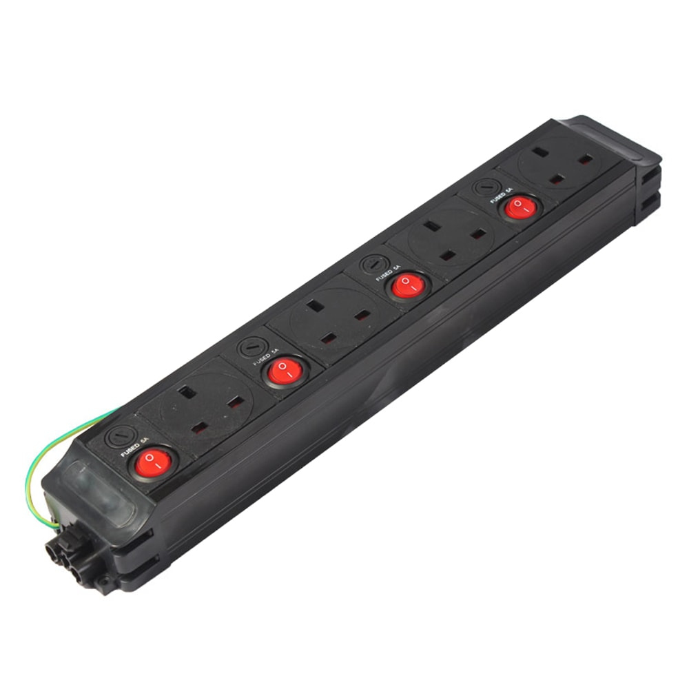 Videk Under Desk Power 4 x Ind Fused and Ind Switched UK Sockets Orientated North