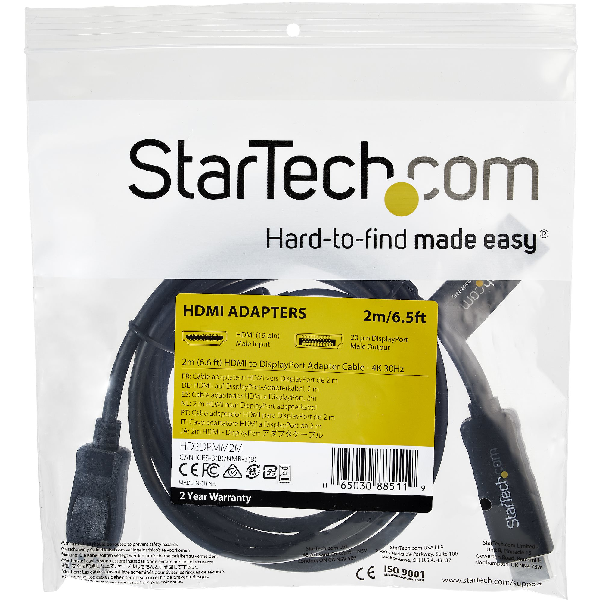 StarTech.com 2 m (6.6 ft.) HDMI to DisplayPort Cable - 4K 30Hz