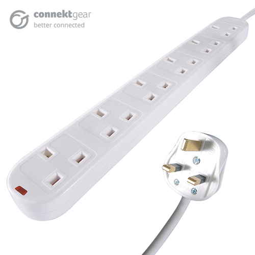 CONNEkT Gear 2m 6 Way Surge Protected Power Extension Block - UK Plug to 6 x UK Sockets - White