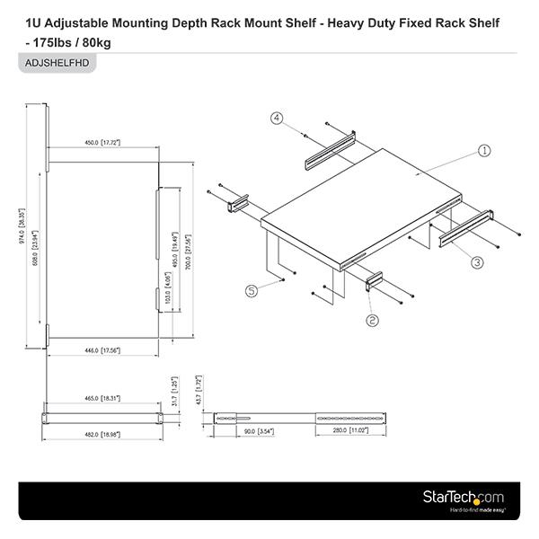 StarTech.com 1U Adjustable Mounting Depth Rack Mount Shelf - Heavy Duty Fixed Rack Shelf - 175lbs / 80kg