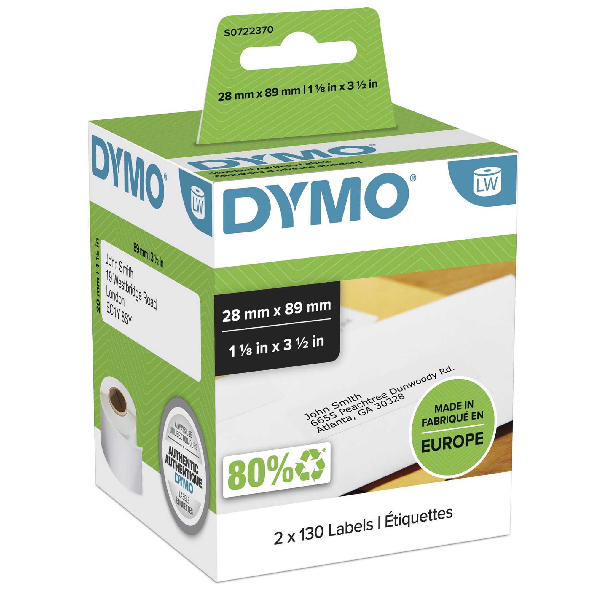 Dymo 99010/S0722370 DirectLabel-etikettes 89mm x28mm Pack=2 for Dymo 400 Duo/60mm