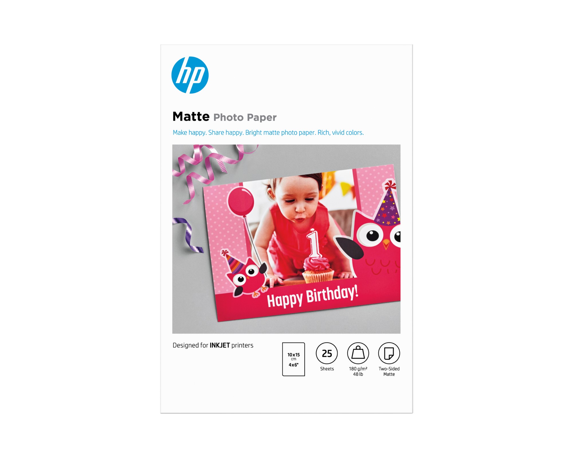 HP Matte Photo Paper, 180 g/m2, 10 x 15 cm (101 x 152 mm), 25 sheets