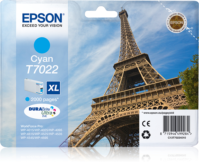 Image of Epson C13T70224010/T7022 Ink cartridge cyan XL, 2K pages ISO/IEC...
