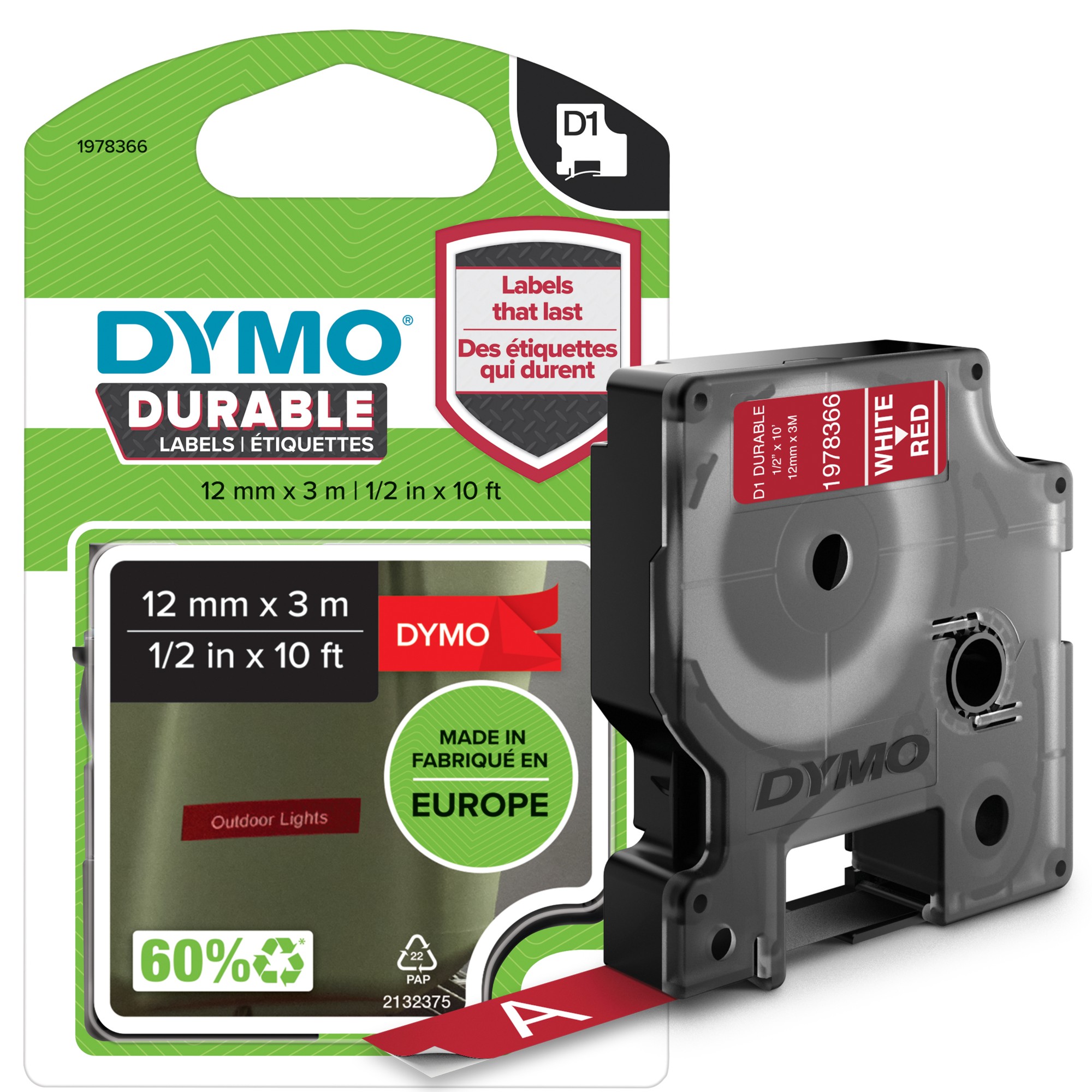 Dymo 1978366 DirectLabel-etikettes white on red Vinyl 12mm x 5,5mm for Dymo D1 6-12mm/19mm/24mm/9-12mm/9-19mm