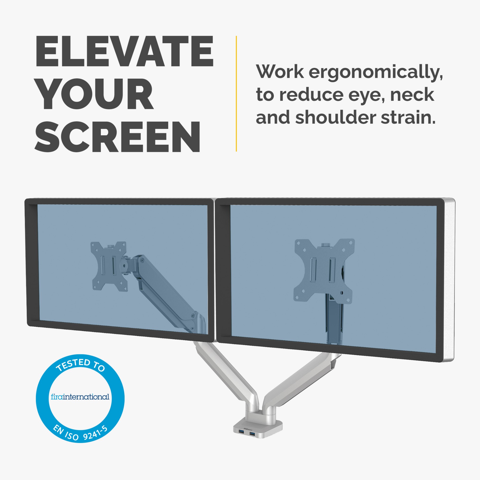 Fellowes Platinum Series Dual Monitor Arm - Monitor Mount for Two 8KG 40 Inch Screens - Adjustable Dual Monitor Desk Mount - Tilt 45° Pan 180áµ’ Swivel 360áµ’ Rotation 360áµ’, VESA 75 x 75/100 x 100 - Silver
