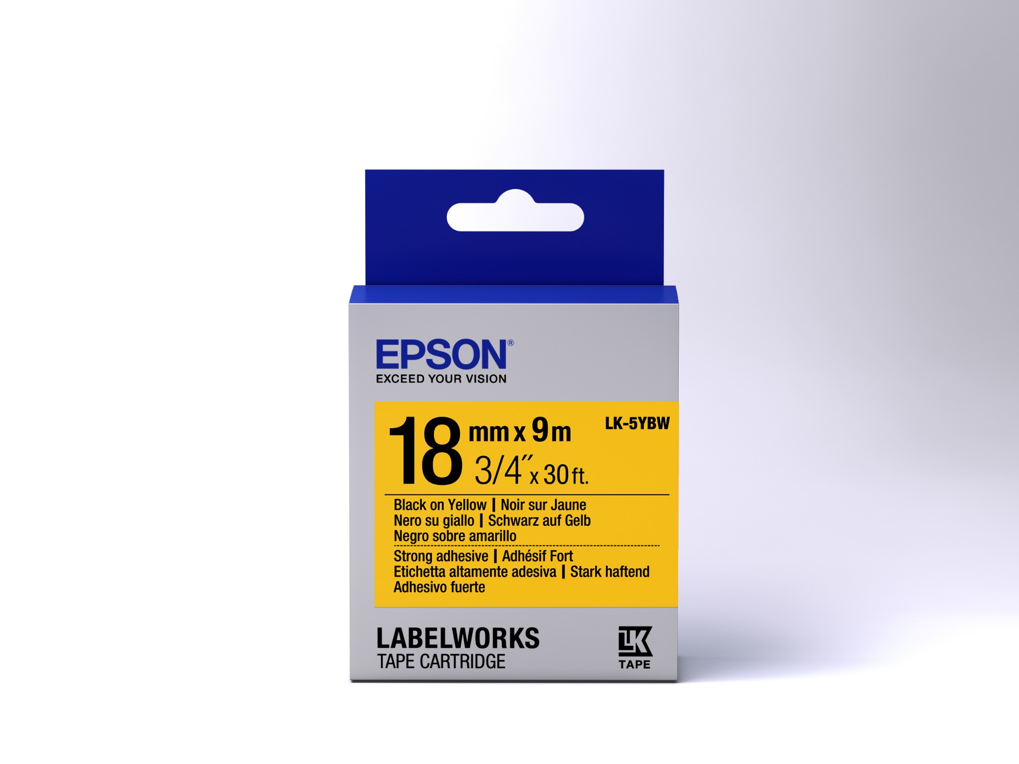 Epson etikettkassett stark självhäftande tejp – LK-5YBW stark tejp svart/gul 18/9