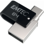 Emtec T260C USB flash drive 64 GB USB Type-A / USB Type-C 3.2 Gen 1 (3.1 Gen 1) Black, Stainless steel