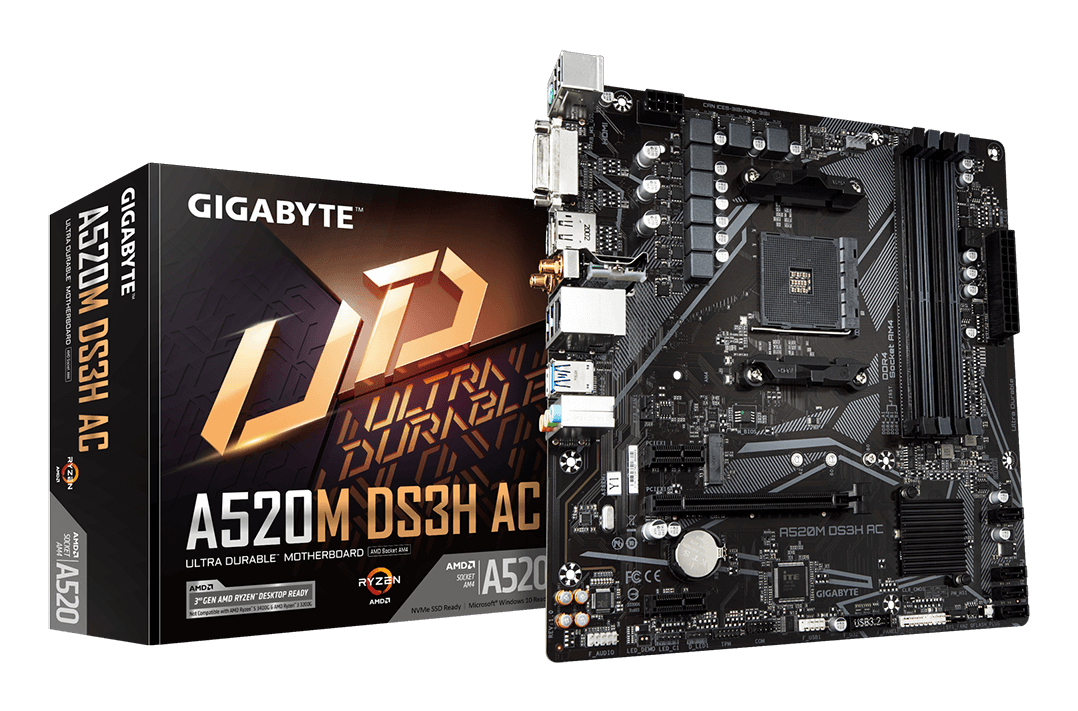 GIGABYTE A520M DS3H AC Motherboard - AMD Ryzen 5000 Series CPUs, 5+3 Phases VRM, up to 4733MHz DDR5 (OC), 1xPCIe 3.0 M.2, GbE LAN, WIFI 5, USB 3.2 Gen 1