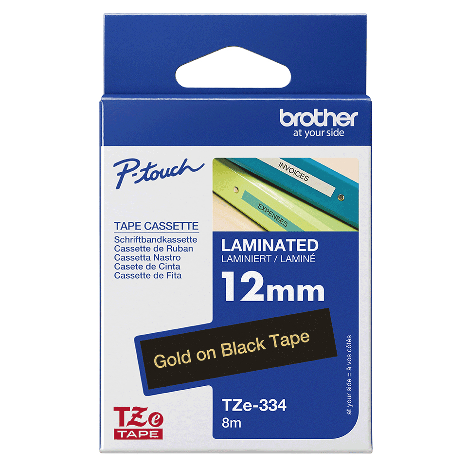 Brother TZE-334 DirectLabel gold on black Laminat 12mm x 8m for Brother P-Touch TZ 3.5-18mm/6-12mm/6-18mm/6-24mm/6-36mm